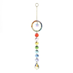 Ring Glass Teardrop Pendant Decorations, Hanging Suncatchers, with Octagon Glass Link and Natural Gemstone, for Home Decorations, Ring, 248mm