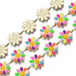 Colorful Brass Flower Link Chains, with Enamel, Unwelded, Real 16K Gold Plated, Colorful, 13.5~14x9.5~10x1mm