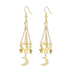Golden Alloy Macrame Pouch Dangle Earring for Stone Bead Holders, Moon & Star Dangle Earring for Women, Golden, 82x15mm