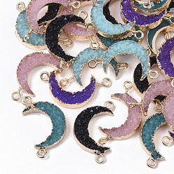 Mixed Color Druzy Resin Links connectors, with Edge Light Gold Plated Iron Loops, Moon, Mixed Color, 26~28x15~16x5mm, Hole: 1.8mm