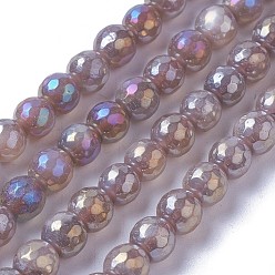 Rosy Brown Electroplate Natural Sunstone Beads Strands, Faceted, Round, Rosy Brown, 6mm, Hole: 1mm, about 63~64pcs/strand, 14.9~15.3 inch(38~39cm)
