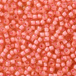 (925F) Coral Lined Light Topaz Frosted Toho perles de rocaille rondes, perles de rocaille japonais, (925 f) topaze claire bordée de corail givré, 11/0, 2.2mm, Trou: 0.8mm, environ5555 pcs / 50 g
