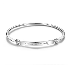 Platinum SHEGRACE Fashion Engraved Brass Inspirational Bangle, with Words Believe in Yourself, Platinum, 7-1/4 inch(18.5cm), 4mm