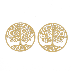 Goldenrod 430 Stainless Steel Filigree Pendants, Spray Painted, Etched Metal Embellishments, Flat Round with Tree of Life, Goldenrod, 35x0.3mm, Hole: 1.6mm