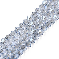Clear Electroplate Transparent Glass Beads Strands, Faceted, Bicone, Clear, 4x4.5mm, Hole: 0.9mm, about 84~109Pcs/strand, 12.6~21.26 inch(32~54cm)