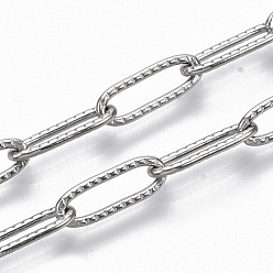 Stainless Steel Color 304 Stainless Steel Textured Paperclip Chains, Drawn Elongated Cable Chains, Soldered, Stainless Steel Color, 12x4x1mm, about 39.37 inch(1m)/strand