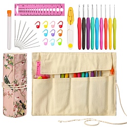 Pink Kits de crochets ergonomiques avec rouleau de sac de rangement à motif floral, kit d'aiguilles à crochet bricolage pour débutants, amateurs de crochets expérimentés, rose, 18.5x9 cm