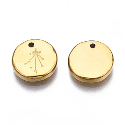 Libra 316 Surgical Stainless Steel Charms, Flat Round with Constellation, Real 14K Gold Plated, Libra, 10x2mm, Hole: 1mm