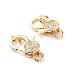 Real 18K Gold Plated Brass Micro Pave Clear Cubic Zirconia Lobster Claw Clasp, with Jump Rings, Long-Lasting Plated, Real 18K Gold Plated, 20x13x5mm, Hole: 4mm