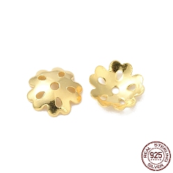 Real 18K Gold Plated 925 Sterling Silver Bead Caps, 5-Petal, Flower, Real 18K Gold Plated, 7x7x1.8mm, Hole: 1mm, about 35pcs/10g