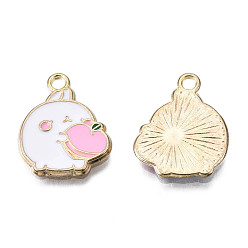 Pearl Pink Alloy Enamel Pendants, Cadmium Free & Lead Free, Light Gold, Rabbit with Peach, Pearl Pink, 18.5x15x1.5mm, Hole: 1.8mm