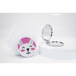 Rabbit DIY Round Mini Makeup Compact Mirror Diamond Painting Kits, Foldable Two Sides Vanity Mirrors Craft, Rabbit Pattern, 80mm, Mirror: 78mm in diameter