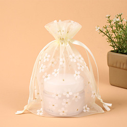 Soie De Maïs Rectangle organza sacs à cordon, motif de fleur de broderie, cornsilk, 14x10 cm