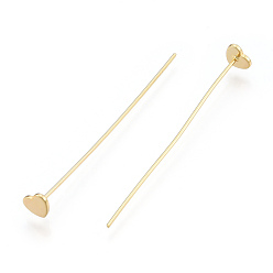 Real 18K Gold Plated Brass Heart Head Pins, Nickel Free, Real 18K Gold Plated, 51x0.7mm, Head: 5x6mm