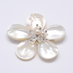 Clear Natural White Shell Mother of Pearl Shell Flower Big Pendants, Platinum Plated Brass Findings with Shell Pearl and Faceted Rondelle Glass Beads, Clear, 43~46x14mm, Hole: 4x7mm