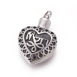 Antique Silver Mother's Day Theme, Retro 304 Stainless Steel Pendants, Perfume Bottle, Heart with Word Mom, Antique Silver, 29.5x18x8mm, Hole: 4mm