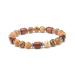 Jaspe Image Bracelet extensible en perles de jaspe naturel pour femme ou homme, bracelets de perles de bois et d'alliage, diamètre intérieur: 2-1/8 pouce (5.5 cm)