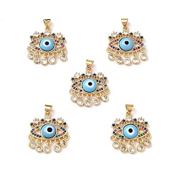 Deep Sky Blue Lampwork Evil Eye Pendants with Colorful Cubic Zirconia, Real 18K Gold Plated Brass Findings, Lead Free & Cadmium free, Deep Sky Blue, 27x22.5x4.5mm, Hole: 4x3.5mm