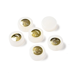 White Transparent Spray Painted Glass Beads, with Golden Brass Findings, Flat Round with Smile, White, 11.5x4mm, Hole: 1.2mm