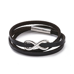 Black Leather Cord Triple Layered Wrap Bracelet with 304 Stainless Steel Magnetic Clasps, Infinity Beaded Punk Wristband for Men Women, Black, 24-3/8 inch(62cm)