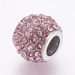 Light Rose 304 Stainless Steel European Beads, Large Hole Beads, with Rhinestone, Rondelle, Stainless Steel Color, Light Rose, 10x8mm, Hole: 4.5mm