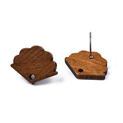 Peru Walnut Wood Stud Earring Findings, with Hole and 304 Stainless Steel Pin, Fan, Peru, 13.5x17mm, Hole: 1.6mm, Pin: 0.7mm