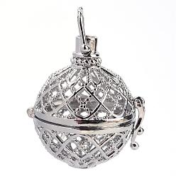 Platinum Rack Plating Brass Cage Pendants, For Chime Ball Pendant Necklaces Making, Hollow Round, Platinum, 32x29x25mm, Hole: 6x7mm, inner measure: 20mm