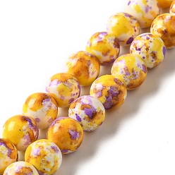 Oro Hilos de perlas sintéticas teñidas de turquesa, rondo, oro, 7~8x7~8 mm, agujero: 1 mm, sobre 50 unidades / cadena, 14.29~14.65'' (36.3~37.2 cm)