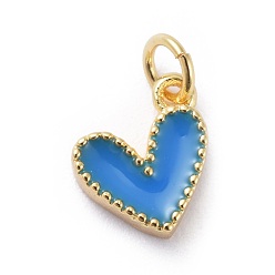 Dodger Blue Enamel Charms, with Brass Findings, Heart, Real 18k Gold Plated, Dodger Blue, 9x7x2.5mm, Hole: 2.5mm