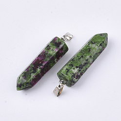 Ruby in Zoisite Natural Ruby in Zoisite Point Pendants, with Platinum Tone Brass Findings, Bullet, 35~37x10~11x9~10mm, Hole: 6~7x2.5~4mm
