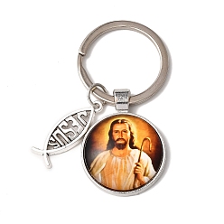 Moccasin I Love Jesus Symbol Glass Pendant Keychain with Alloy Jesus Fish Charm, with Iron Findings, Half Round, Moccasin, 6.2cm