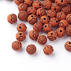 Brun Saddle Imitation perles acryliques de bois, ronde avec des fleurs, selle marron, 8mm, trou: 1.5 mm, environ 2000 pcs / 500 g