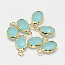Pale Turquoise Oval Faceted Golden Tone Brass Glass Charms, Pale Turquoise, 12x7x3.5mm, Hole: 1mm