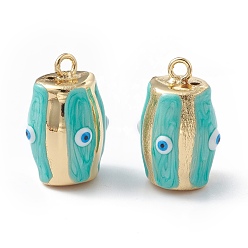 Turquoise Brass Enamel Pendants, Real 18K Gold Plated, Barrel with Evil Eye Charm, Turquoise, 25x16.5x16mm, Hole: 2.2mm