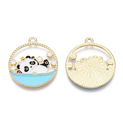 Sky Blue Alloy Enamel Pendants, Flat Round with Panda Charm, Real 14K Golden Plated, Sky Blue, 28x25x1.5mm, Hole: 1.8mm