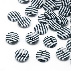 Noir 4 boutons de résine à rayures, plat rond, noir, 12.5x2.5mm, Trou: 1.5mm