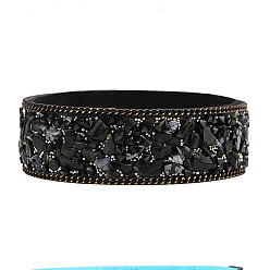 Black Flannelette Snap Bracelets, with Alloy Button and Natural Gemstone, Black, 65mm(2-1/2 inch)