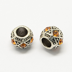 Topazee Perles européennes en strass d'alliage , Rondelle de grandes perles de trou, argent antique, topaze, 11x8~9mm, Trou: 5~6mm