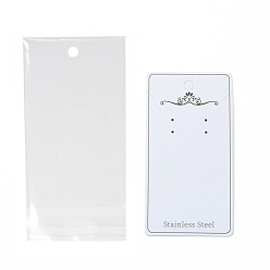 White Paper Display Cards, with OPP Cellophane Bags, for Bracelet, Necklace, Earring Storage, Rectangle with Word Stainless Steel & Flower Pattern, White, Card: 13.5x7x0.05cm, Bag: 17x8.2x0.02cm