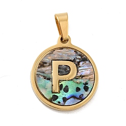 Letter P Vacuum Plating 304 Stainless Steel with Paua Shell Pendants, Golden, Flat Round with Letter Charm, Letter.P, 18x16x1.5mm, Hole: 3x6mm
