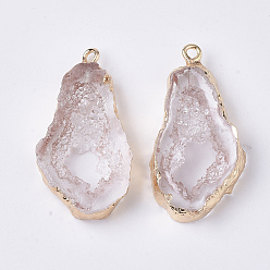 Clear Druzy Resin Pendants, Imitation Geode, with Edge Light Gold Plated Iron Loops, Nuggets, Clear, 36~37x19x6mm, Hole: 1.8mm
