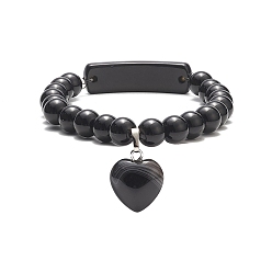 Obsidian Natural Obsidian Beaded Bracelets, Heart Shape Pendant Bracelet, for Women, 3/8 inch(0.85cm), Inner Diameter: 2-1/8 inch(5.5cm)