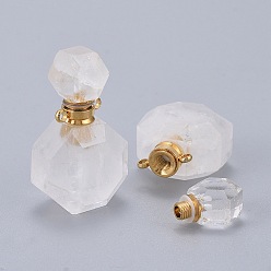 Cristal de Quartz Pendentifs de bouteille de parfum ouvrants en cristal de quartz naturel à facettes, cristal de roche, avec 304 accessoires en acier inoxydable, or, 34~36x20~22x12~13mm, Trou: 1.8mm, capacité de la bouteille: 1 ml (0.034 fl. oz)