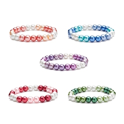 Mixed Color Glass Pearl Round Beaded Stretch Bracelet for Women, Mixed Color, Inner Diameter: 2-1/8 inch(5.3cm), Bead: 8mm
