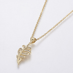 Golden Stainless Steel Pendant Necklaces, with Brass Micro Pave Cubic Zirconia Pendants, Leaf, Golden, 17.32 inch(44cm), Pendant: 21.5x10.3x2mm