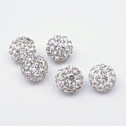 Blanc Argile polymère perles pave strass, perles de boule de disco, blanc, pp 15 (2.1~2.2 mm), 6 rangées de strass, 12mm, Trou: 1.5mm