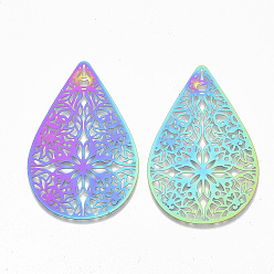 Rainbow Color Ion Plating(IP) 201 Stainless Steel Filigree Joiners Links, Etched Metal Embellishments, Teardrop, Rainbow Color, 52.5x34x0.3mm