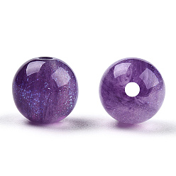 Púrpura Imitación ronda perlas de resina de ojo de gato, con polvo del brillo, púrpura, 8 mm, agujero: 1.6~1.8 mm