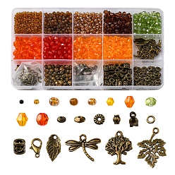 Color mezclado Kit de búsqueda para hacer joyas del día de acción de gracias diy, incluyendo semilla de vidrio y bicono acrílico y cuentas espaciadoras de aleación, colgante de aleación de árbol, libélula y hoja, color mezclado, 3 mm, agujero: 1 mm, 12 g / color