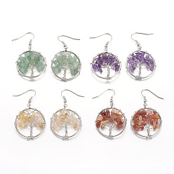 Mixed Stone Dangle Earrings, with Natural Gemstone Beads and Brass Hooks, Ring with Tree of Life, 50mm, Pin: 0.6mm